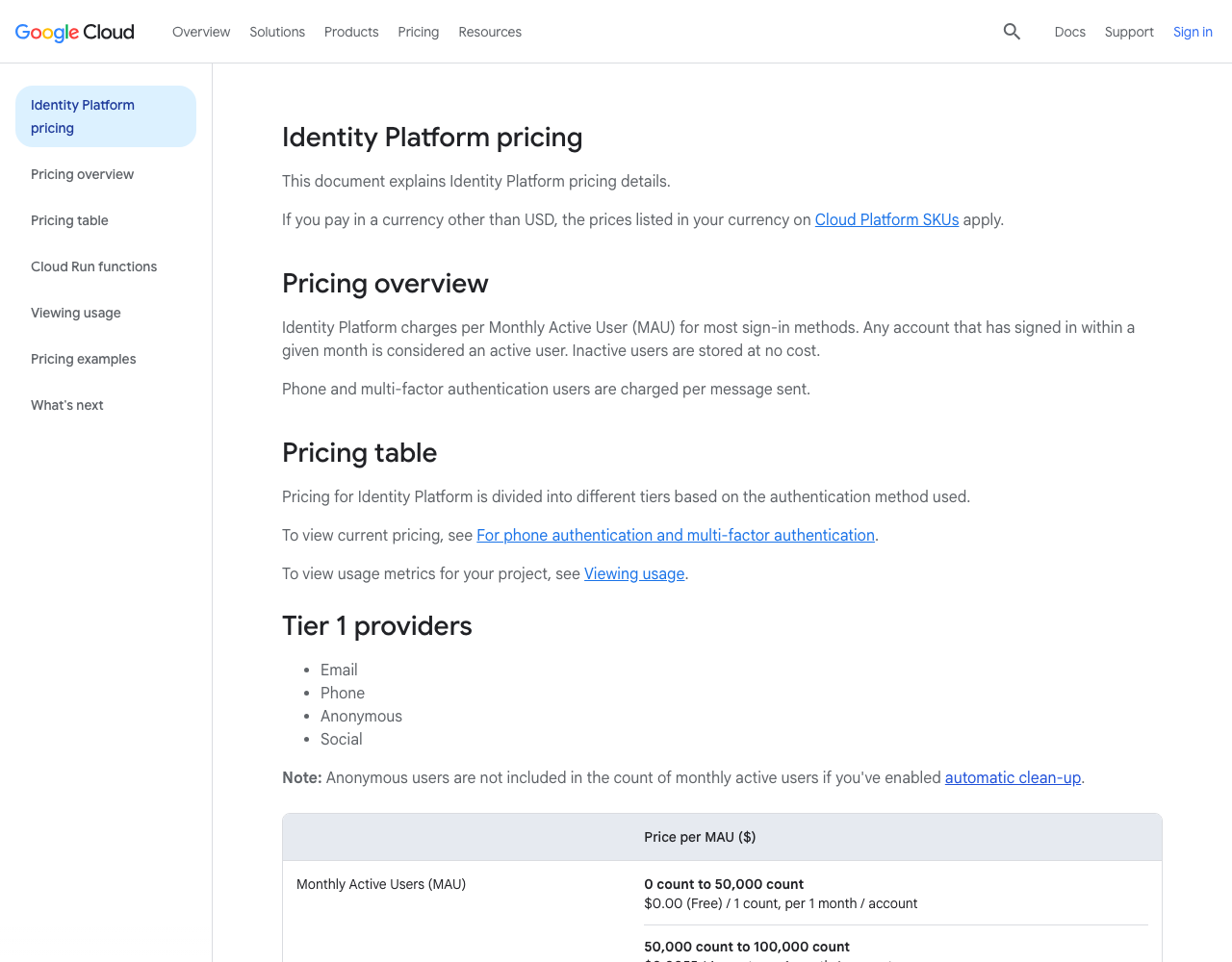 Firebase Authentication pricing page, captured for reference