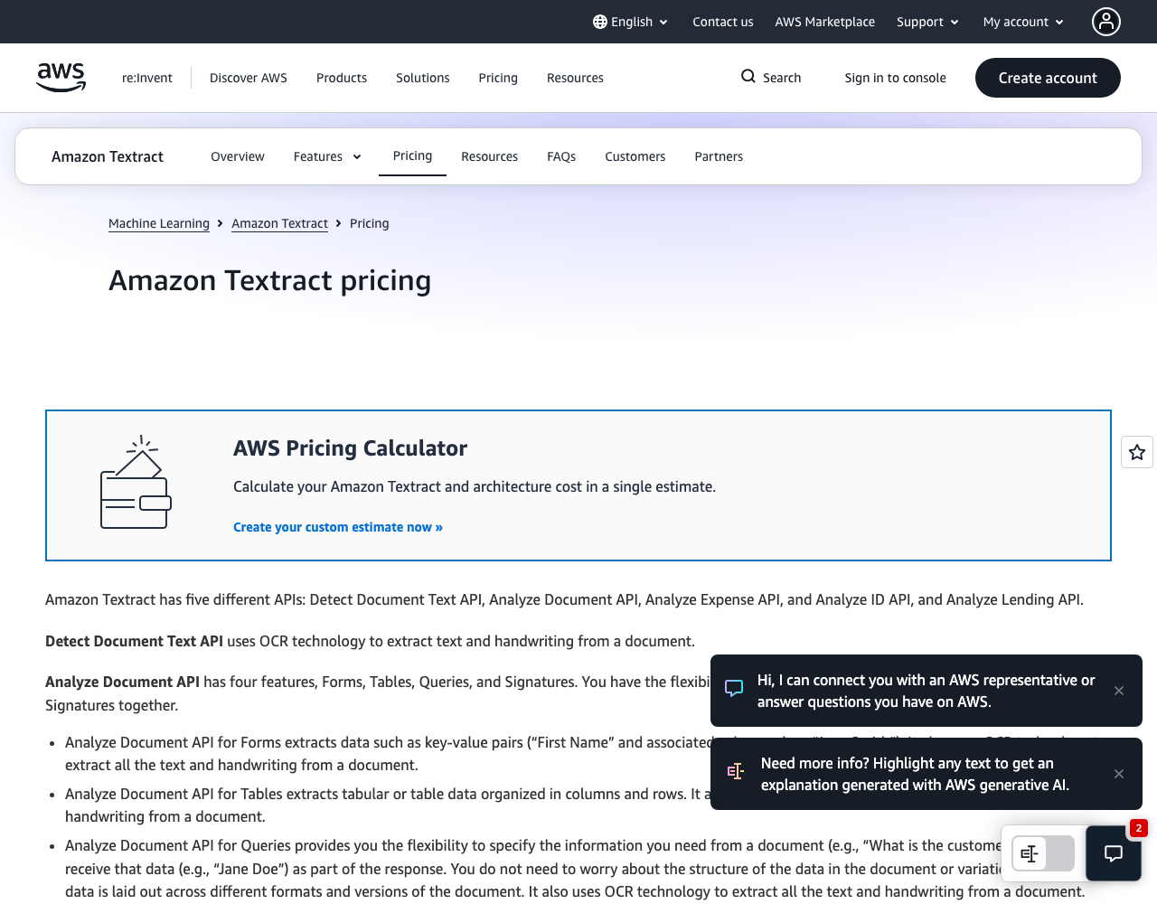 AWS Textract pricing page, captured for reference