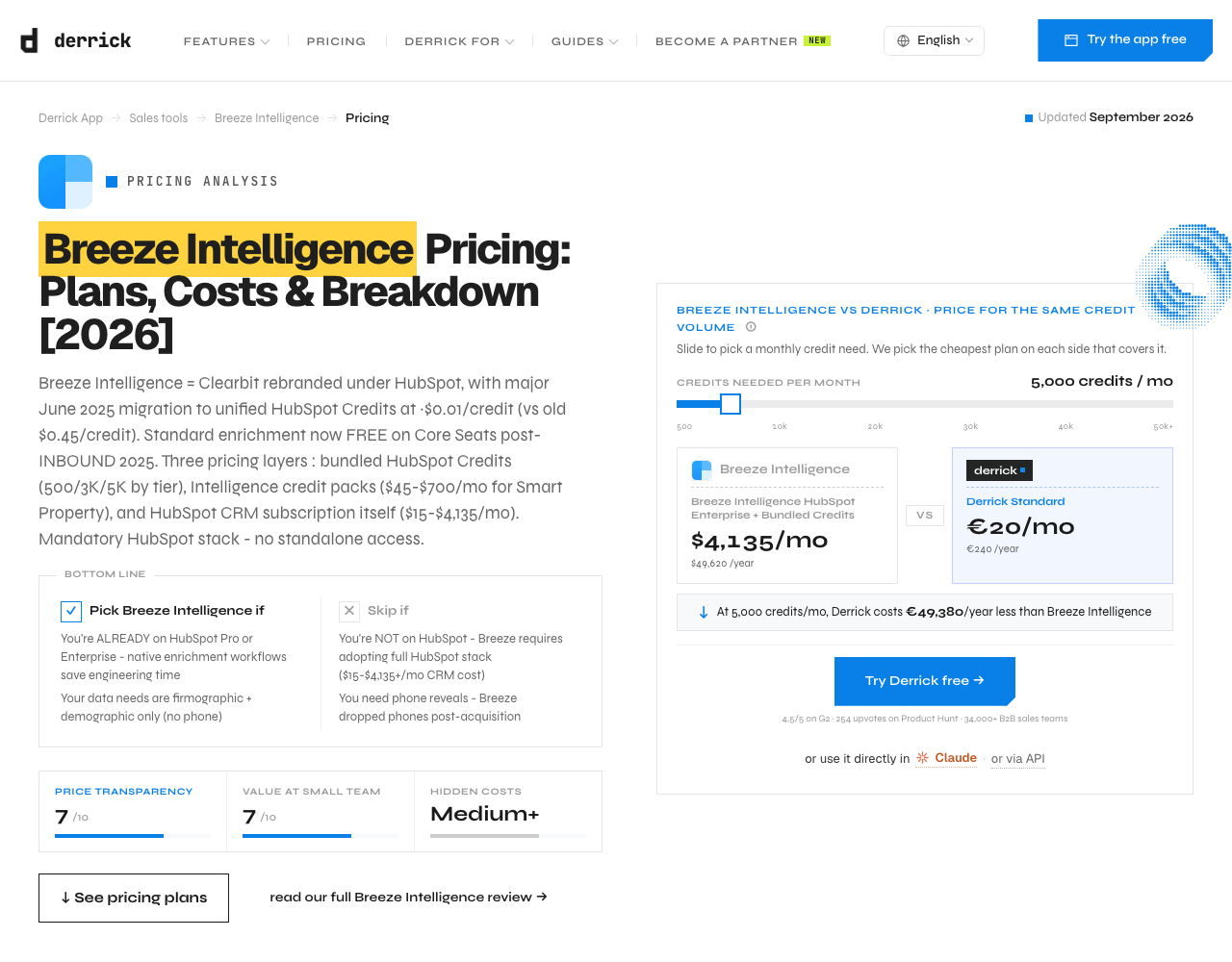 Clearbit (Breeze Intelligence) pricing page, captured for reference
