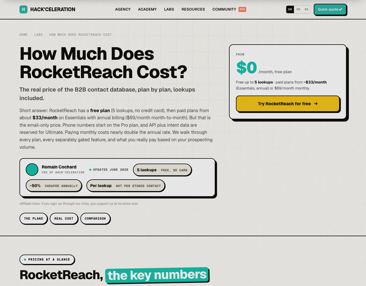 RocketReach pricing page, captured for reference