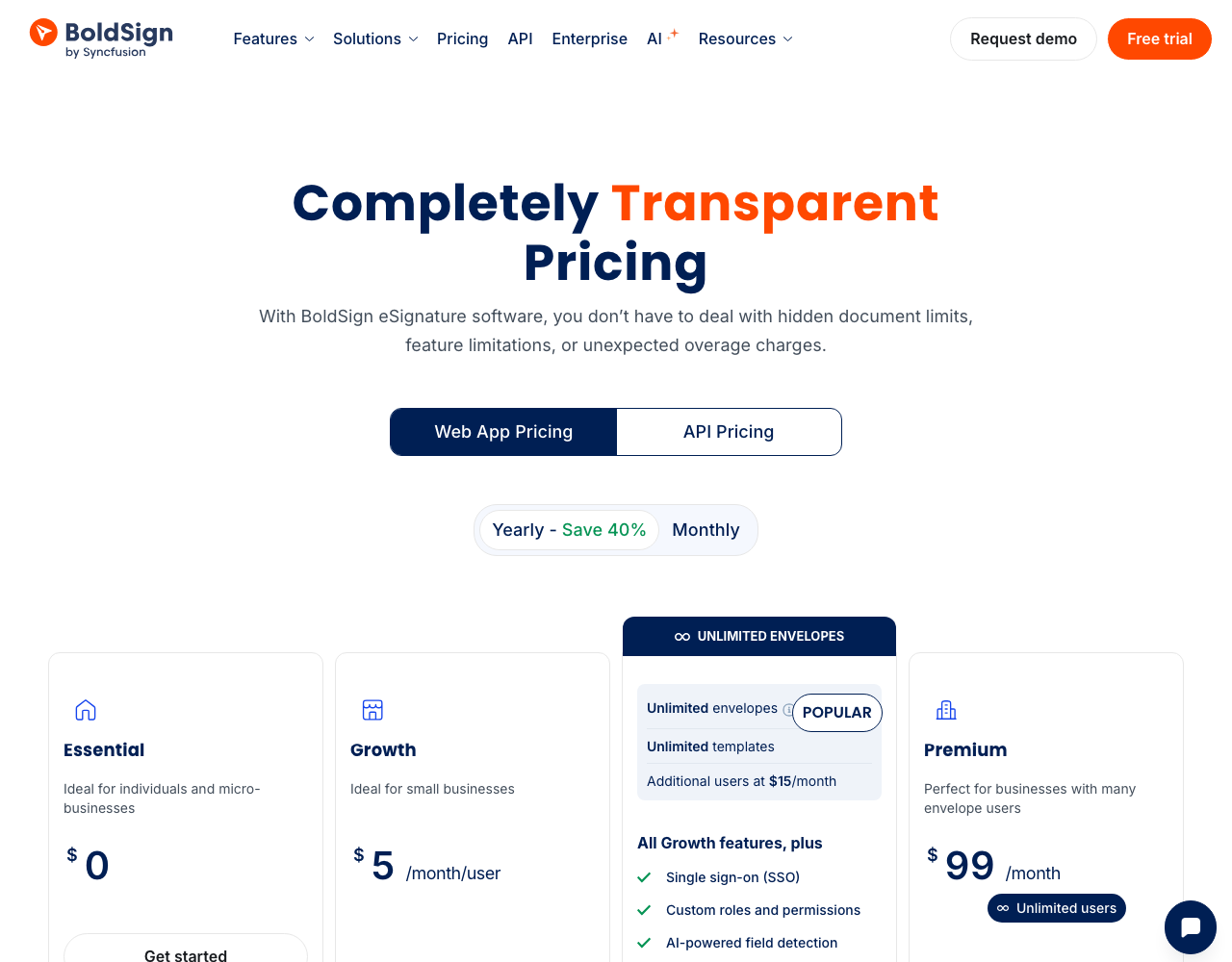 BoldSign API pricing page, captured for reference