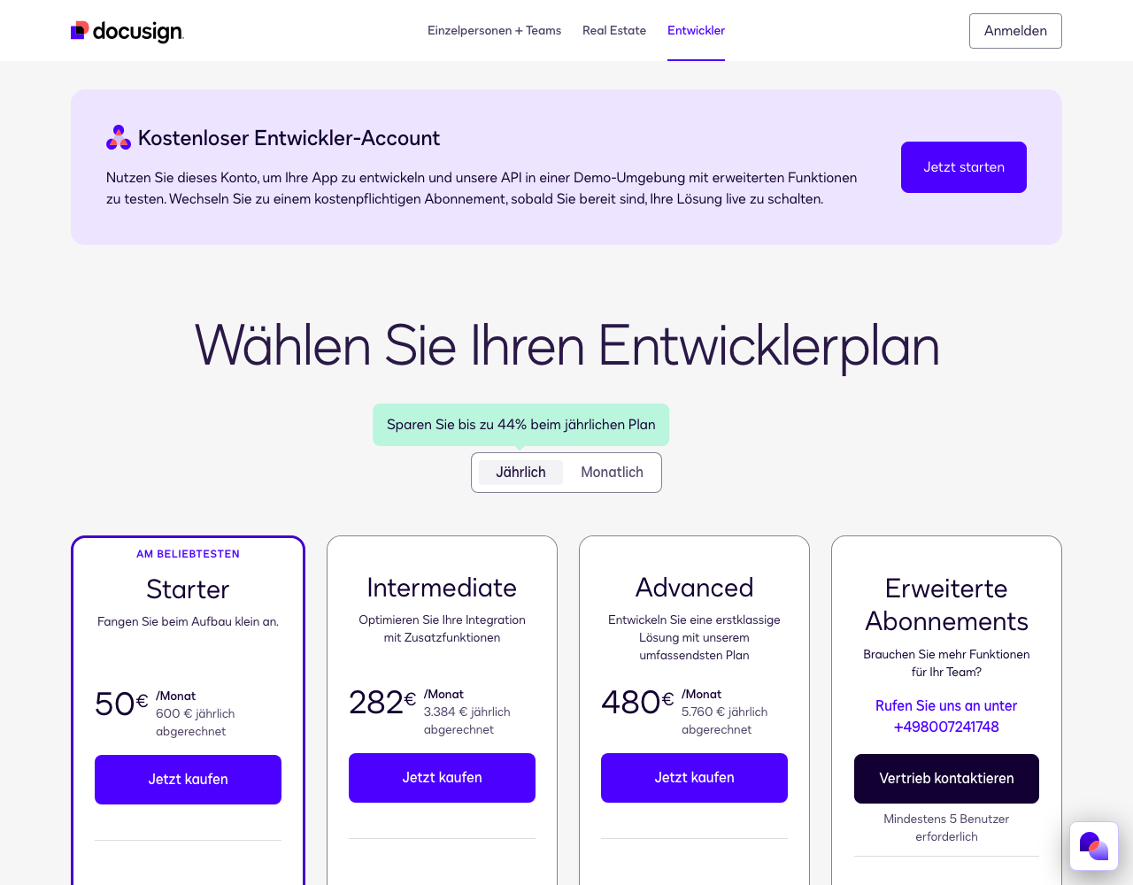 DocuSign eSignature API pricing page, captured for reference