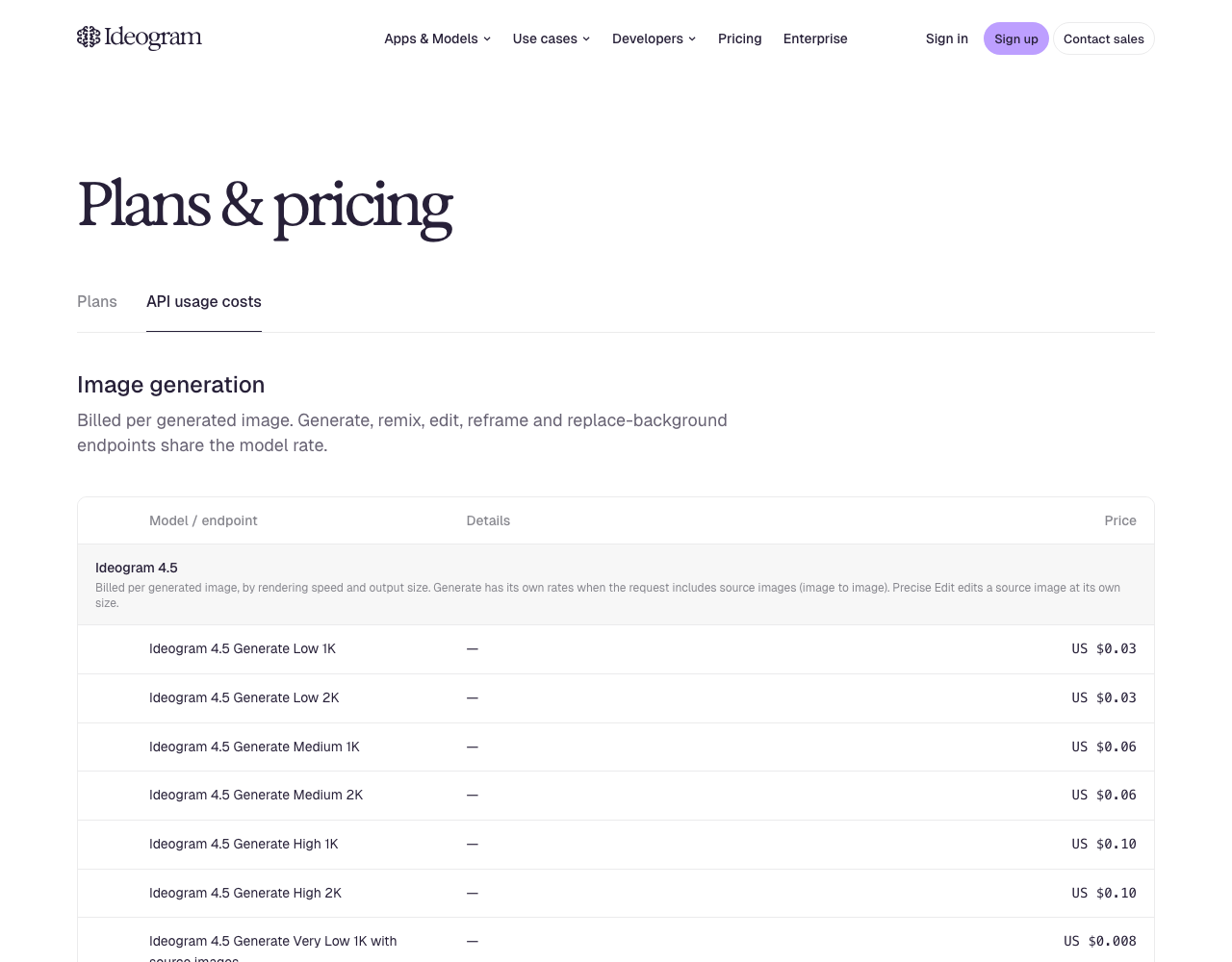 Ideogram pricing page, captured for reference
