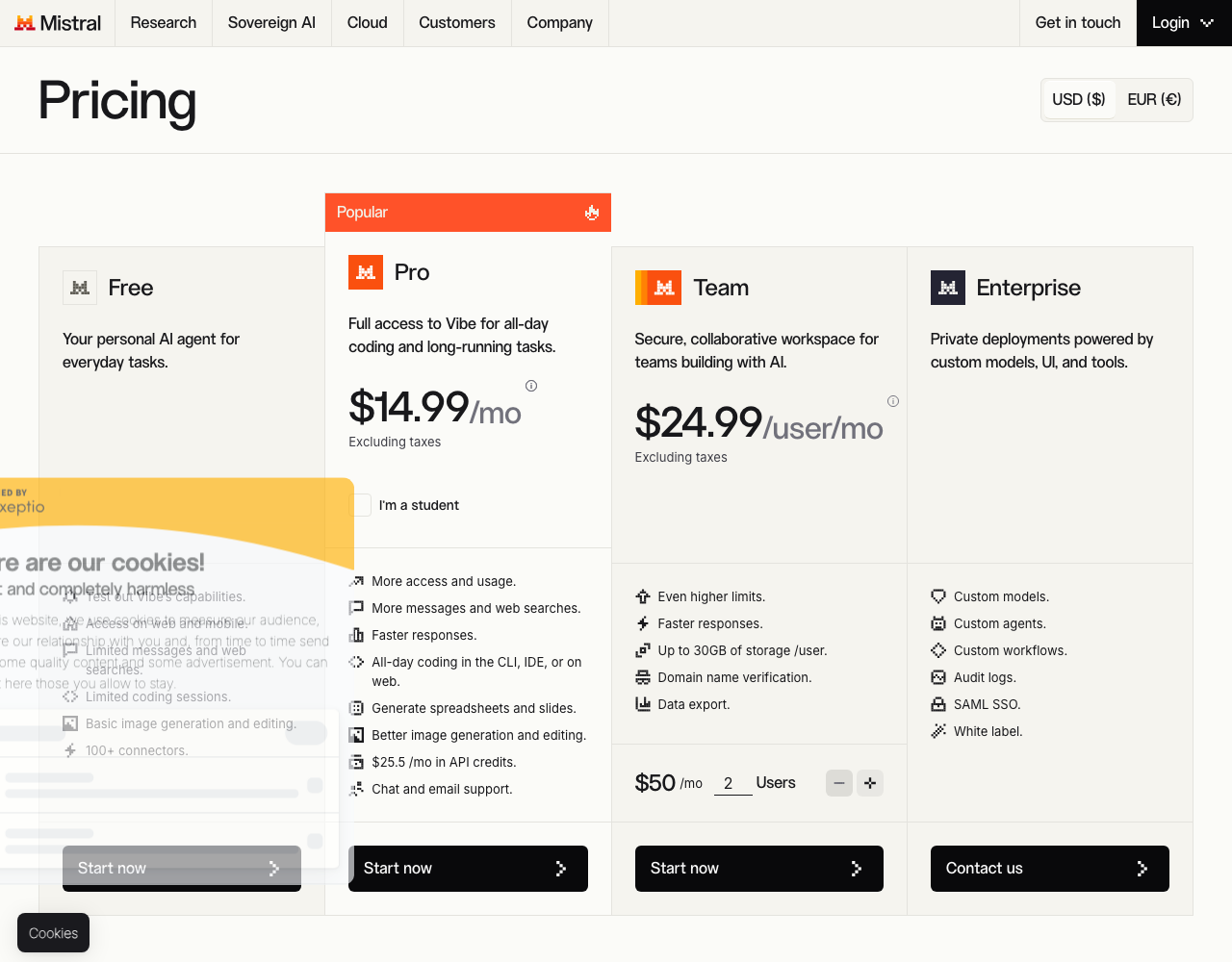 Mistral La Plateforme pricing page, captured for reference