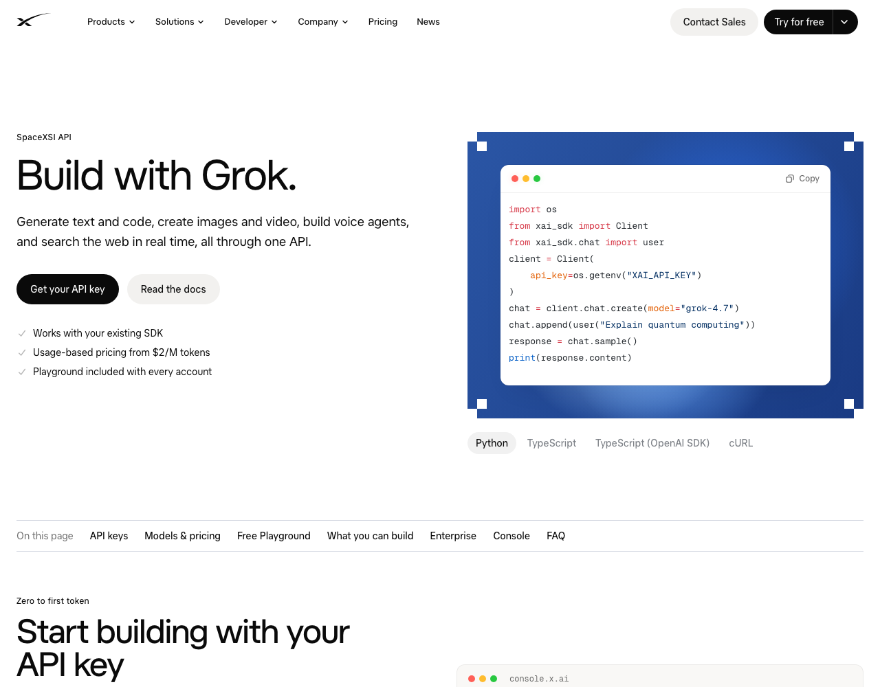 xAI Grok API pricing page, captured for reference