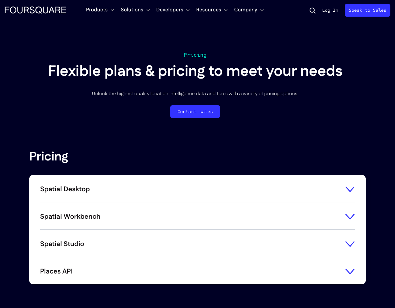 Foursquare Places pricing page, captured for reference