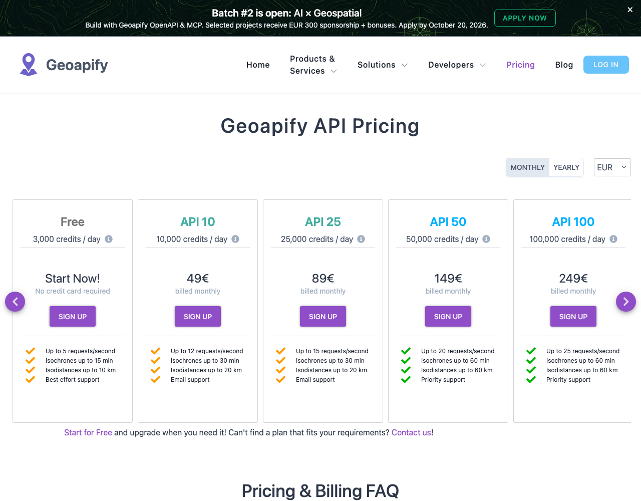 Geoapify pricing page, captured for reference