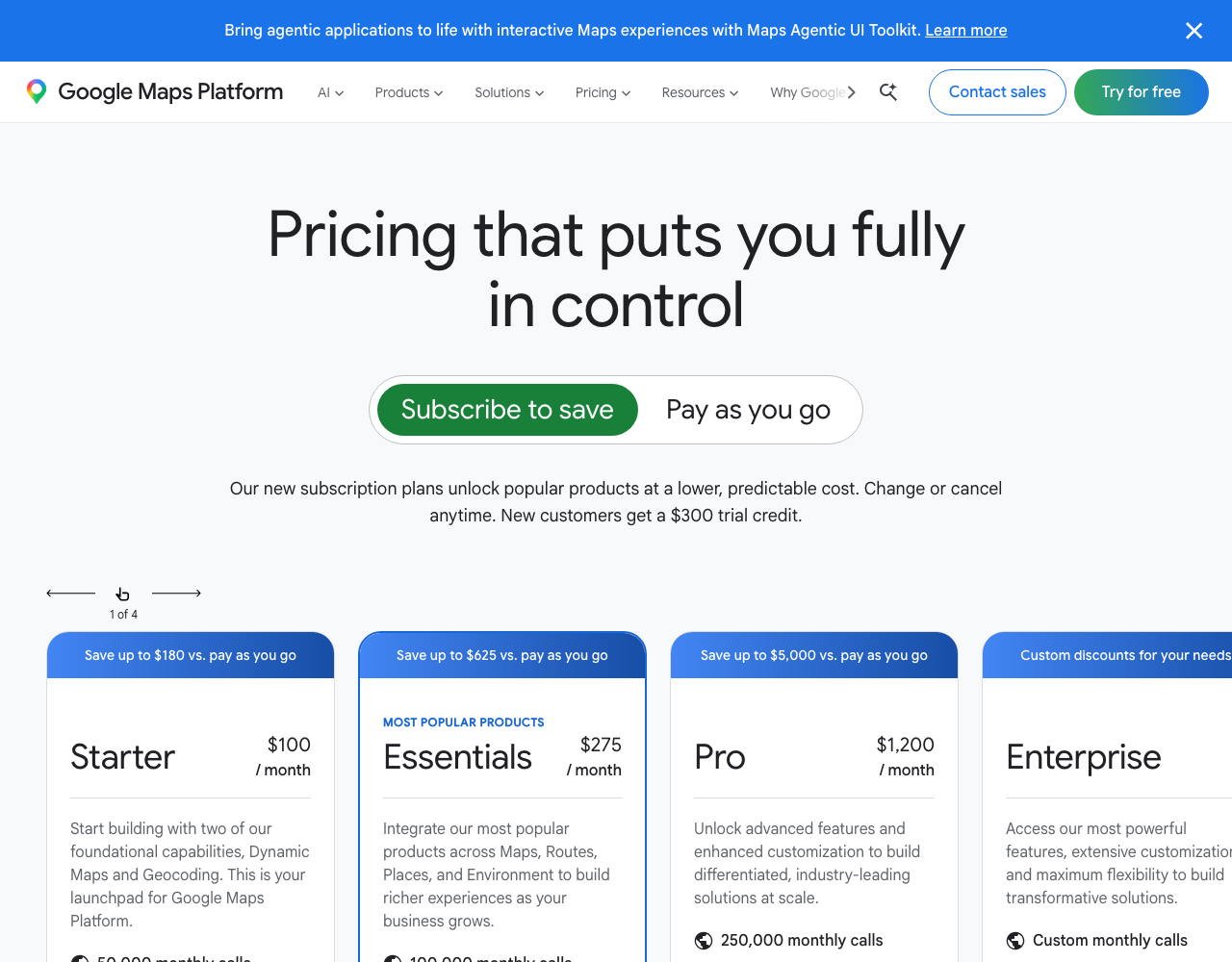 Google Maps Platform pricing page, captured for reference