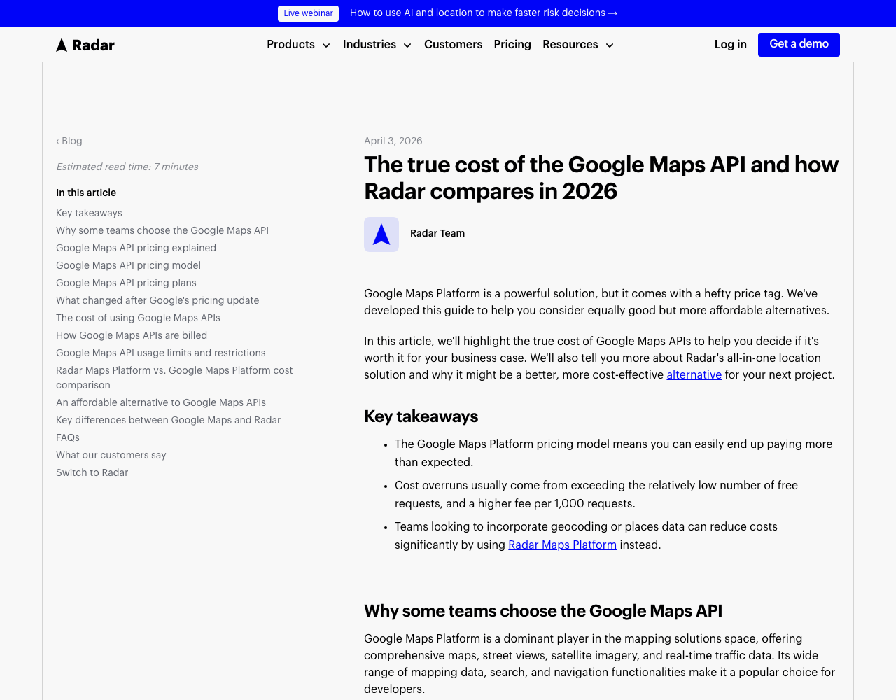 Radar pricing page, captured for reference