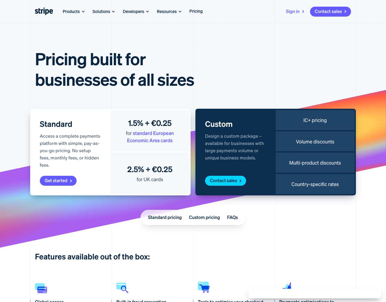 Stripe pricing page, captured for reference