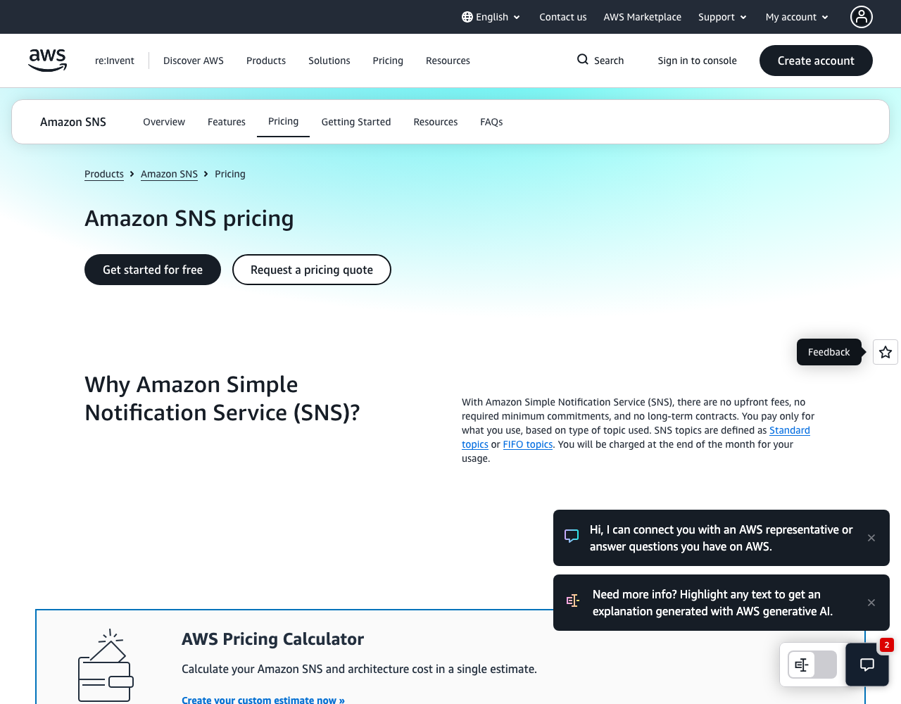 Amazon SNS pricing page, captured for reference