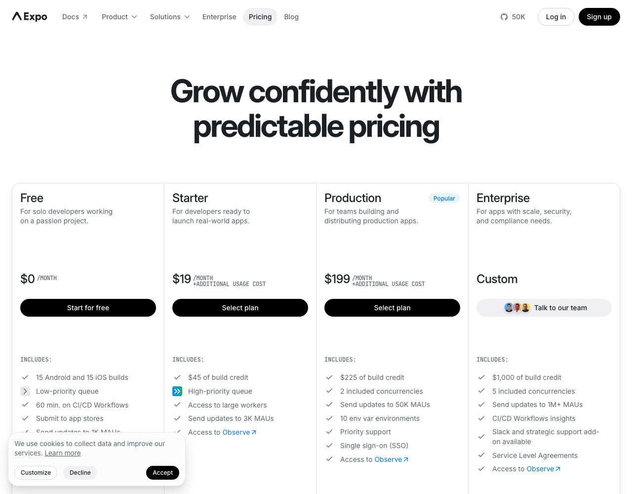Expo Push pricing page, captured for reference