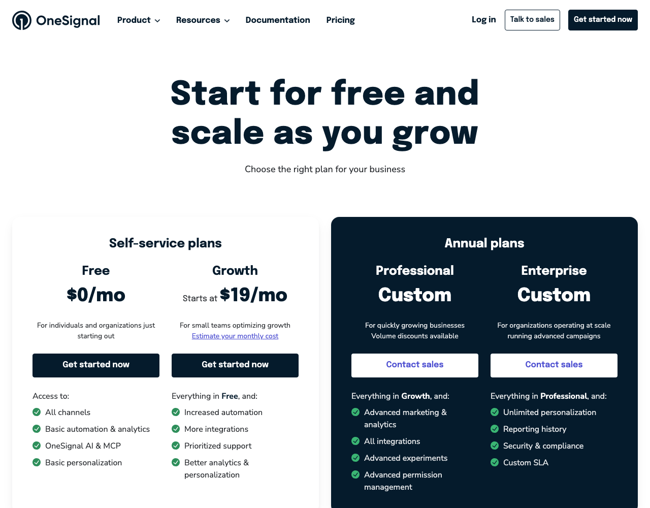 OneSignal pricing page, captured for reference