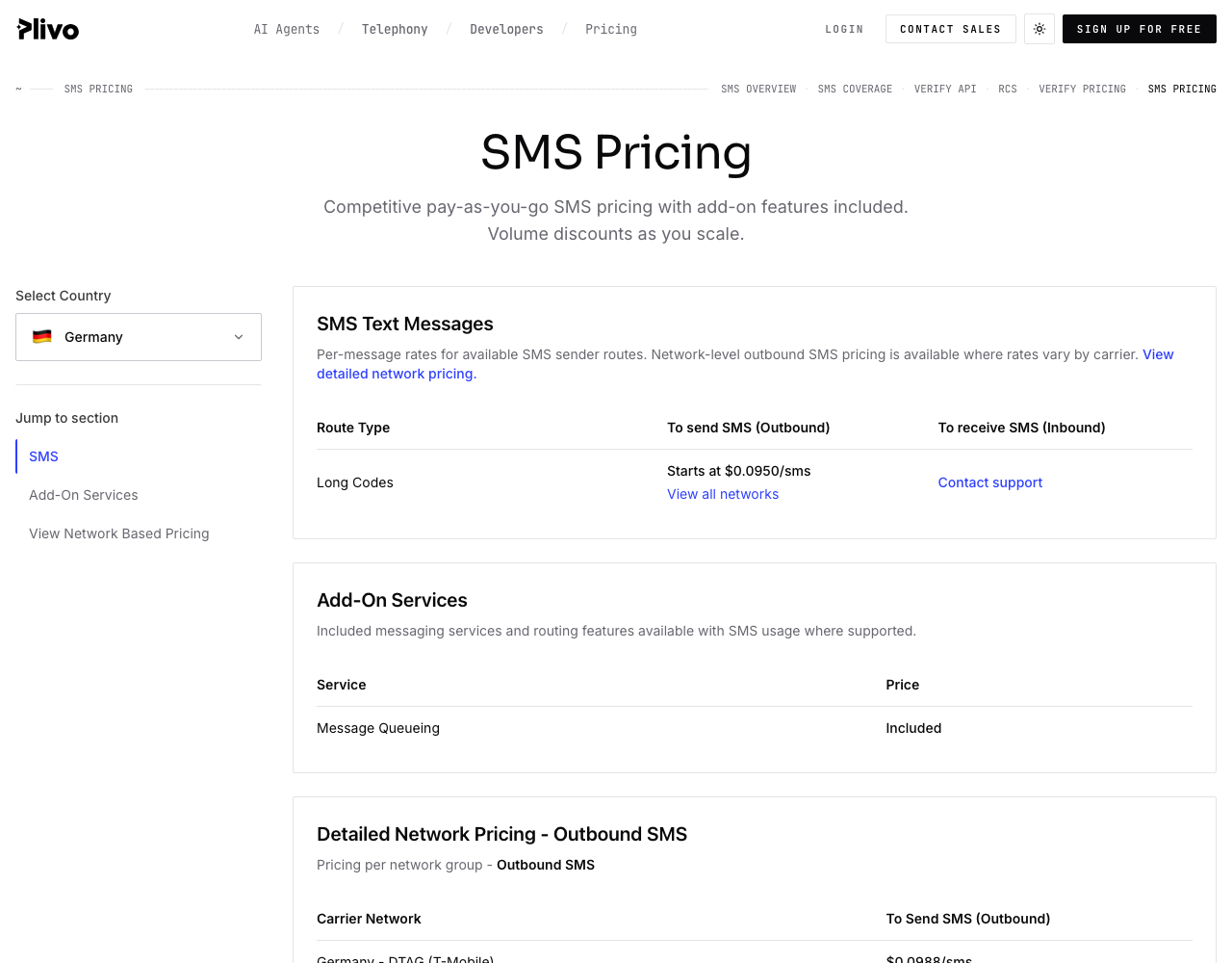 Plivo pricing page, captured for reference