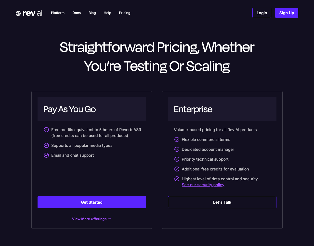 Rev AI pricing page, captured for reference