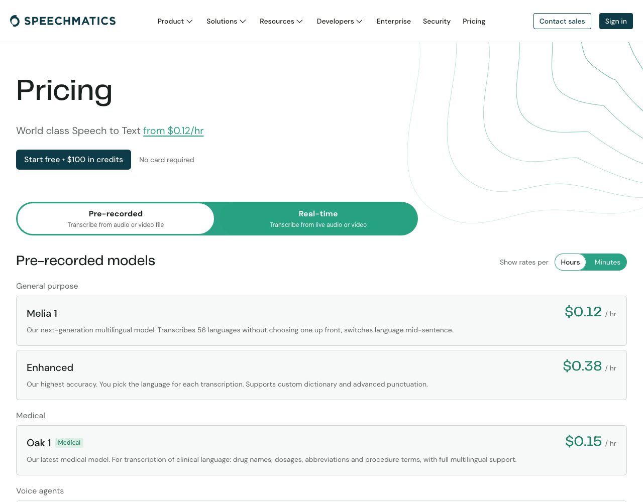 Speechmatics pricing page, captured for reference