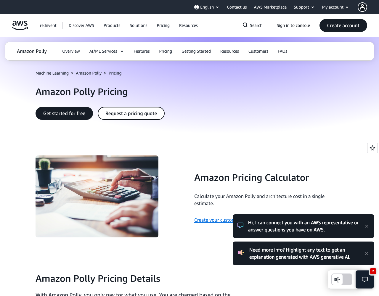 Amazon Polly pricing page, captured for reference