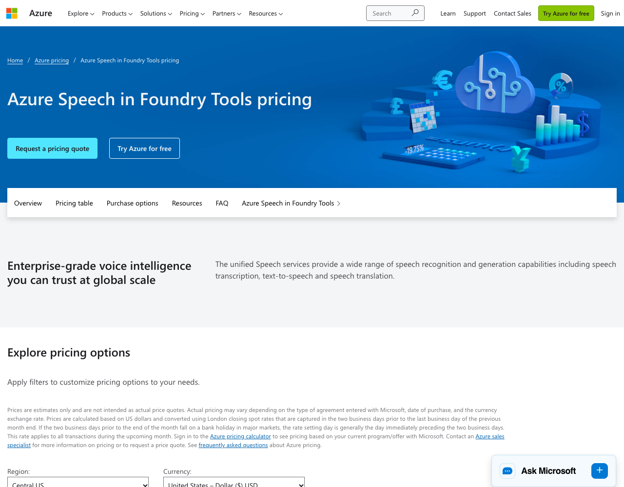 Azure AI Speech pricing page, captured for reference