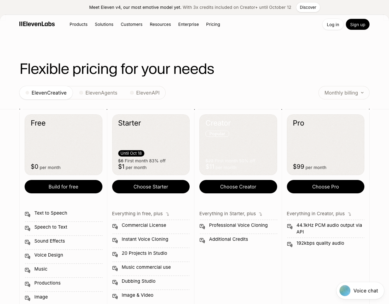 ElevenLabs pricing page, captured for reference