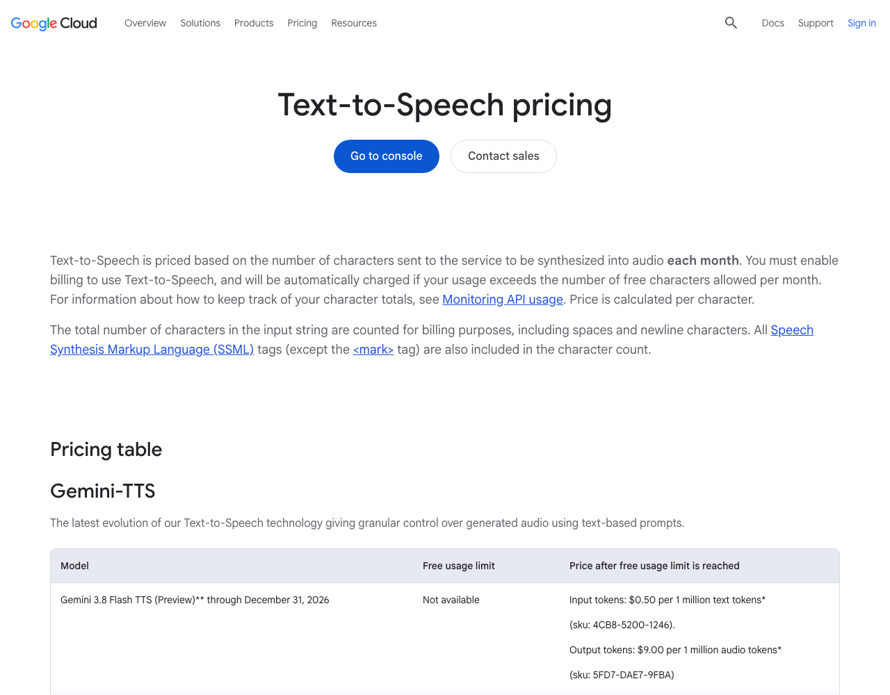 Google Cloud Text-to-Speech pricing page, captured for reference