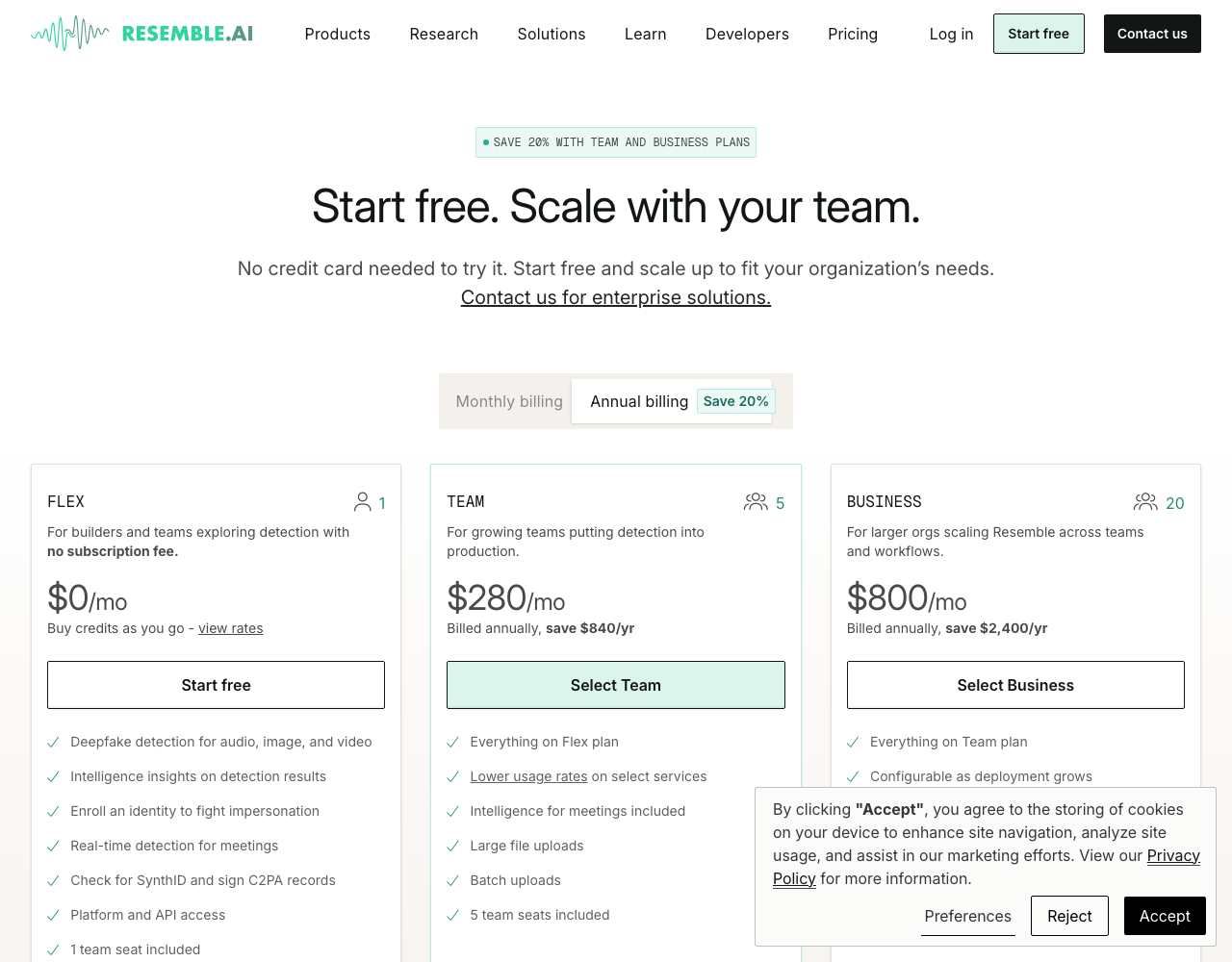 Resemble AI pricing page, captured for reference