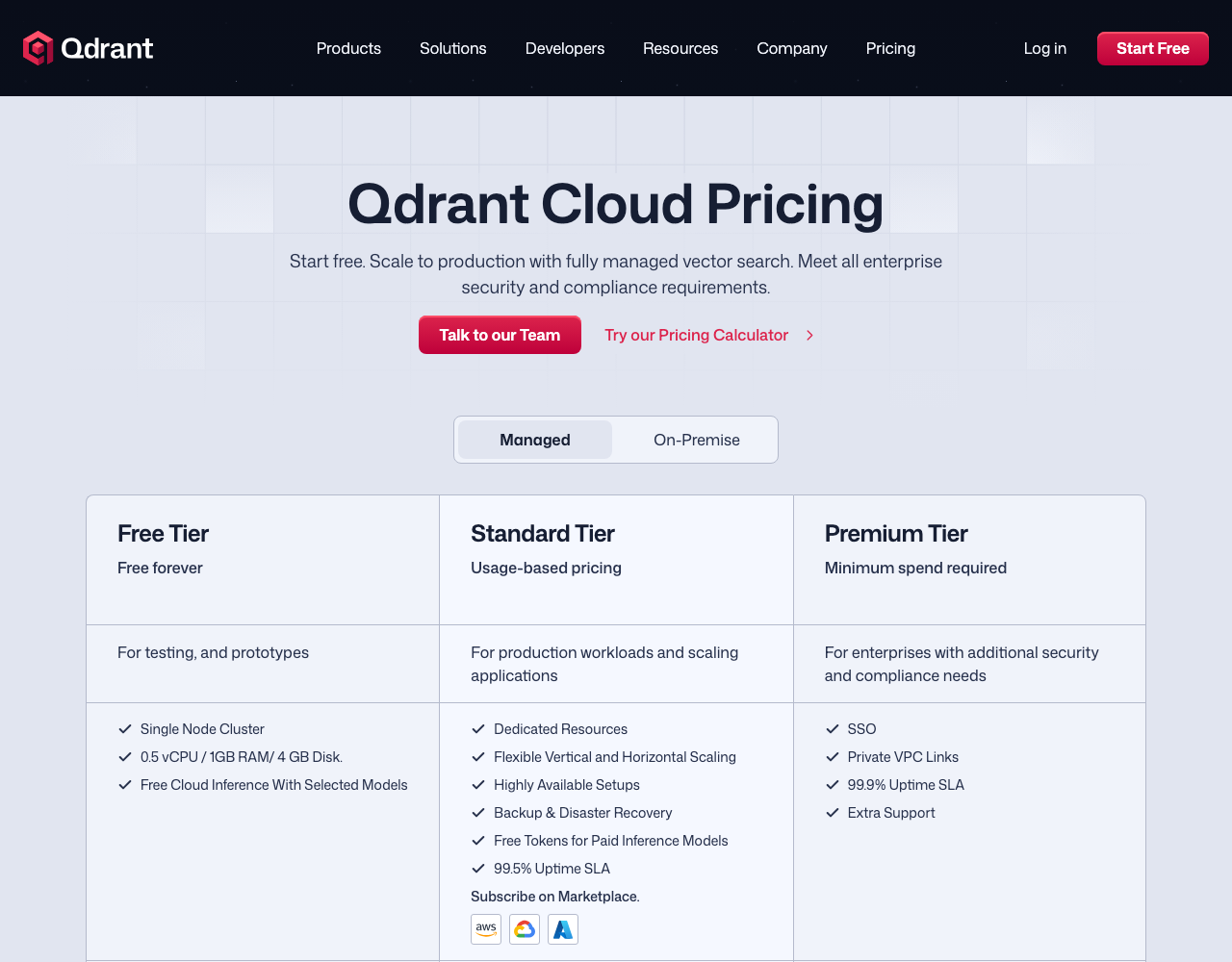Qdrant Cloud pricing page, captured for reference