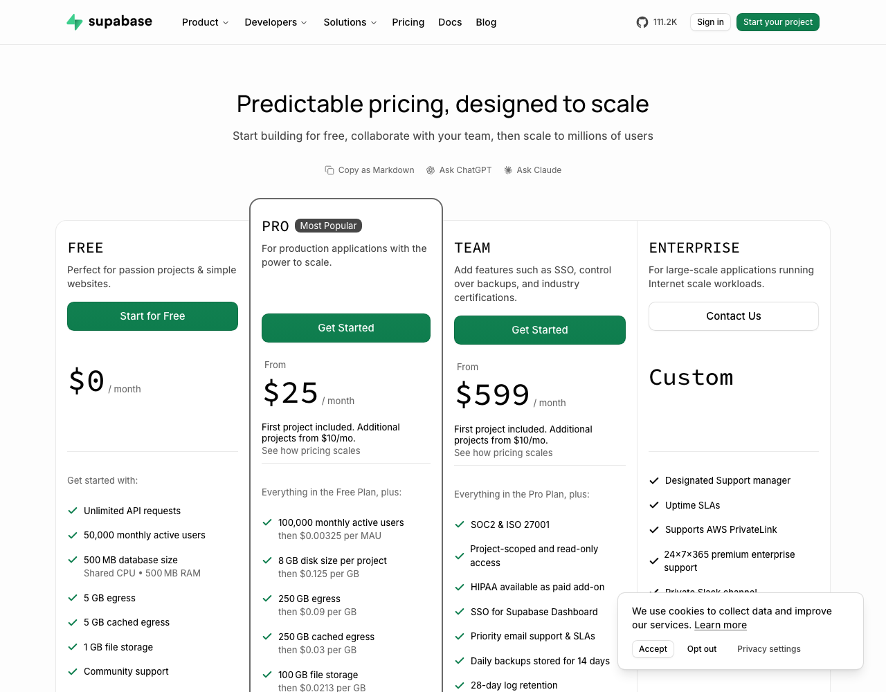 Supabase Vector (pgvector) pricing page, captured for reference