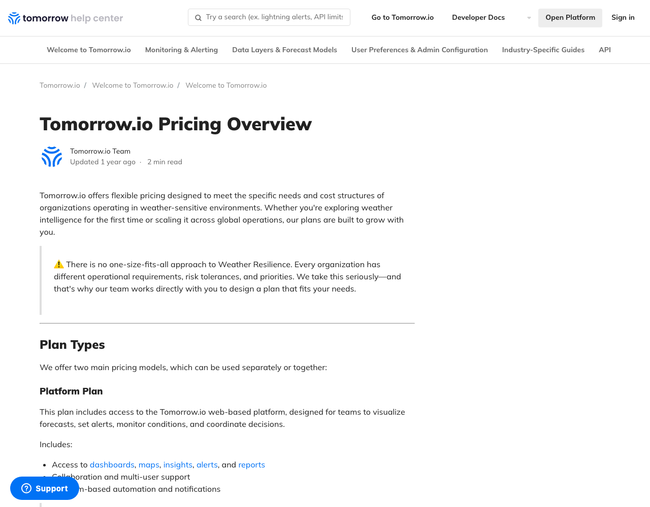 Tomorrow.io pricing page, captured for reference